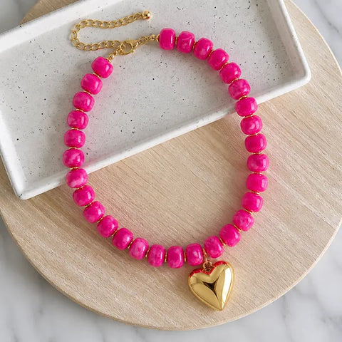 Pink Resin Beaded Necklace with Gold Heart